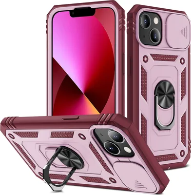 Image de Étui pour iPhone 14 Plus protection coulissante de l'appareil photo, résistant aux chocs, avec porte-anneau, support et porte-cartes rouge rose