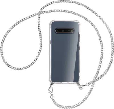 Produktbild von Handykette Backcover-Schutzhülle mit Band (Metall silberfarben) für LG V60 ThinQ - silberfarbene Kette