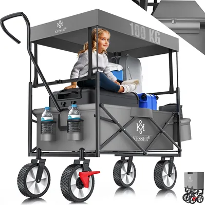 Produktbild von KESSER® Bollerwagen faltbar mit Dach Handwagen Transportkarre Gerätewagen | inkl. 2 Netztaschen und Einer Außentasche | klappbar | Vollgummi-Reifen | bis 100 kg Tragkraft | Mit Vorderrad-Bremse