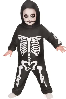 A child wearing a skeleton costume.