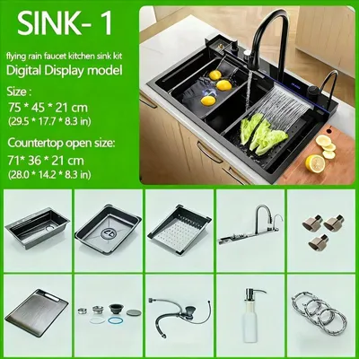 Obrázek produktu pro Kuchyňská baterie - 75x45 cm - Černá nerezová ocel - Baterie s výtokem ve tvaru vodopádu - Digitální displej - Dřez