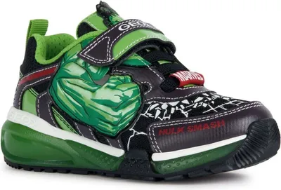 A single child's sneaker with a Hulk theme.