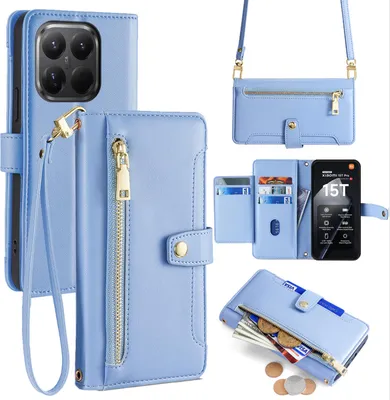 Produktbild von Handykette für Xiaomi 15T Pro Hülle mit Band Handyhülle Kartenfächer Kunstleder Umhängetasche in Hellblau
