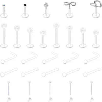 Produktbild von Körperpiercing Set Transparent Acryl 25 Stück für Nase, Lippe, Bauchnabel, Ohr, Augenbraue, Zunge, Nippel 20G/16G
