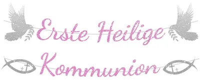 Immagine prodotto di Ghirlanda di carta rosa per la Prima Comunione, con scritta glitterata "Prima Comunione"