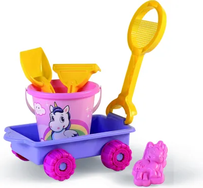 Zdjęcie produktu dla W zestawie wózek Unicorn z narzędziami do wody i piasku oraz wiaderkiem