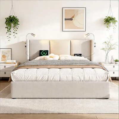 Image de Lit boxspring 160x200 avec espace de rangement, lit double avec port USB et lampe de lecture LED, structure de lit avec sommier à lattes et coffre de rangement, lit capitonné beige en lin, sans matelas
