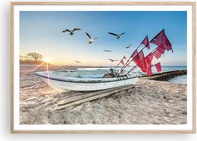 Produktbild von Gerahmtes Poster - Rahmen in heller Eiche - £ódŸ Küste Möwen - 100x70 cm - Wand Bild - Wanddeko - Wandbilder - Kunstposter - Wandposter - Bilderrahmen - Bilder - Kunstdruck - P2NAA100x70-4779