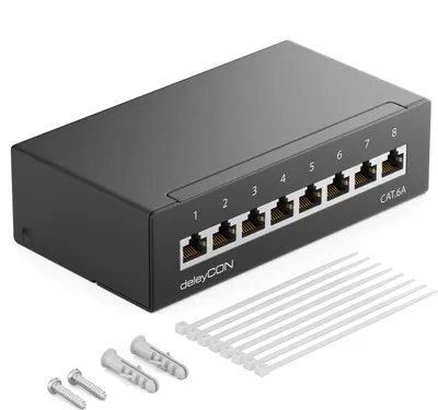 Produktbild von deleyCON CAT 6a Patchpanel Verteilerfeld 8 Port 1 HE RJ45 - Schwarz