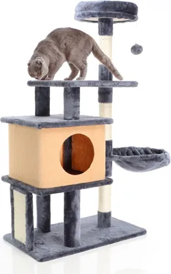 Immagine prodotto di Tiragraffi Fudajo in grigio scuro alto 112 cm, tiragraffi per gatti con casetta per gatti, albero per gatti con mangiatoia e piattaforme, mobili per gatti con tiragraffi