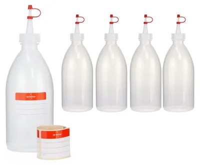 Obrázek produktu pro 5 plastových lahví 500 ml z LDPE, přírodní, G25, kapátko, červený pásek a uzávěr