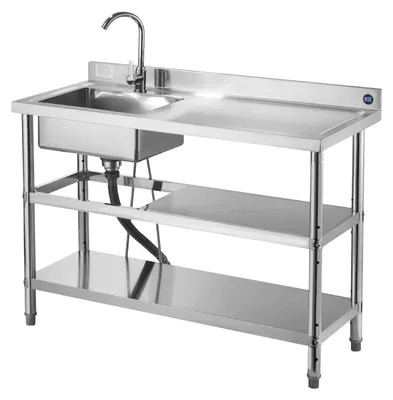 Zdjęcie produktu dla Zlew do mycia naczyń ze stali nierdzewnej (120 x 50 x 94 cm), jedno komorowy z kranem i 2 półkami, idealny do kuchni, garażu lub restauracji