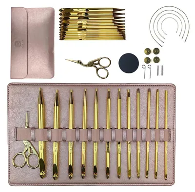 Immagine prodotto di Set di 12 uncinetti tunisini con accessori e custodia, in alluminio cromato, da 2 a 10 mm