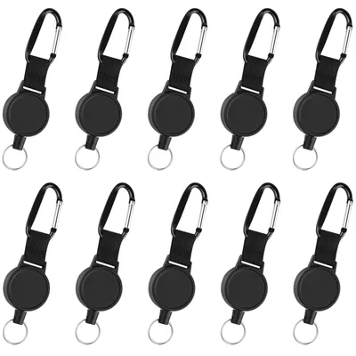 Image de Lot de 10 porte-badges rétractables robustes, avec mousqueton, de couleur noire