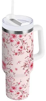Isolierbecher 40 oz, rosa Kirschblüten, mit Henkel, Edelstahl