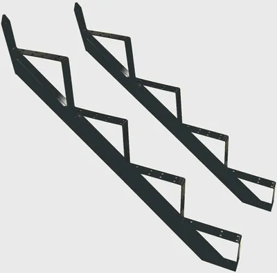 A pair of black metal stair stringers with multiple steps, presented against a plain light gray background.