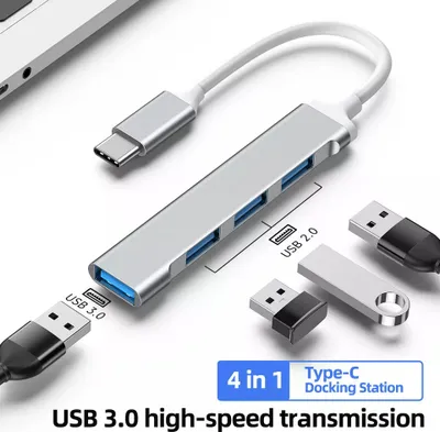 USB C Hub mit einem USB A 3.0 Anschluss und 3 USB 2.0 Anschlüssen. 4in1 Hub.            