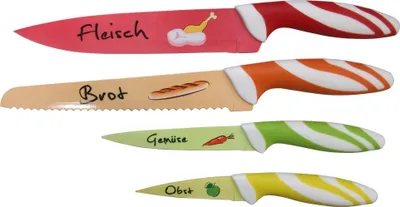 Produktbild von 4-teiliges Messerset mit Motiven - Küchenmesser für Fleisch, Brot, Gemüse & Obst