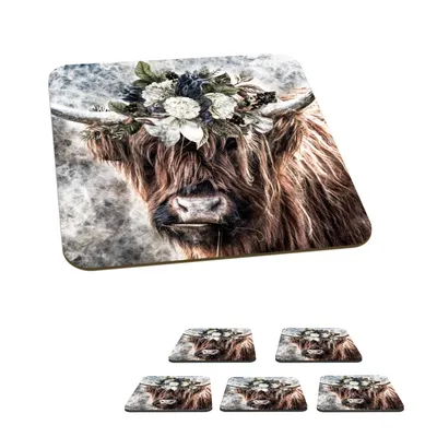 Produktbild von KitchenYeah® Glasuntersetzer Quadratisch 6er Set Schottisches Hochlandrind - Blumen - Schwarz 10x10 cm Untersetzer für Gläser - Getränkeuntersetzer - Tischplattenschutz - Tischuntersetzer für Tassen