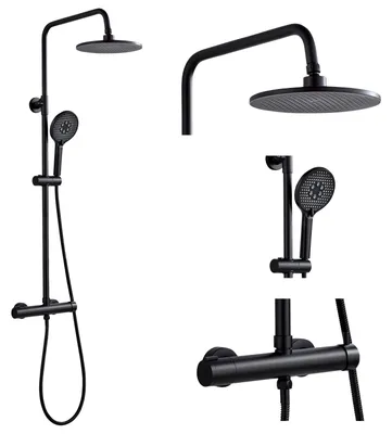 Duschsystem Regendusche 21 cm, Handbrause 3 Strahlarten, Messing, schwarz