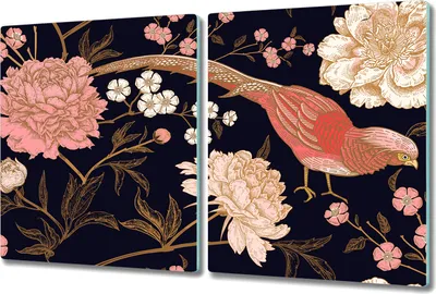 Produktbild von Herd-Abdeckplatte Glas Schneidebrett Ceranfeld-Abdeckung - 2x 40x52 cm - Pfingstrose Vogel