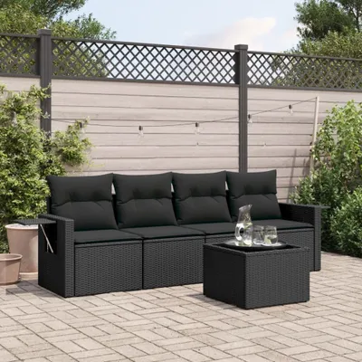 Produktbild von Design 5-tlg. Garten-Sofagarnitur mit Kissen Schwarz Poly Rattan, Gartenmöbel-Sets 2024 Neu
