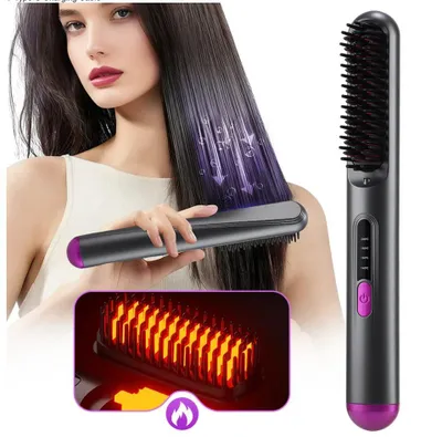 Produktbild von Kabellose Haarglätterbürste mit elektrischen negativen Ionen, Keramik, Verbrühschutz, beheiztem Kamm und Haarstyling-Werkzeugen