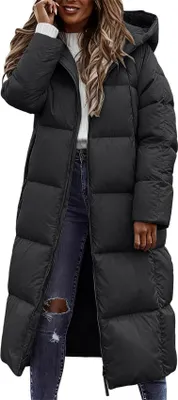 Obrázek produktu pro ASKSA Dámská péřová bunda Zimní dlouhý péřový kabát Prošívaný kabát Teplé zimní bundy Outdoorový kabát s kapucí (Black,M)