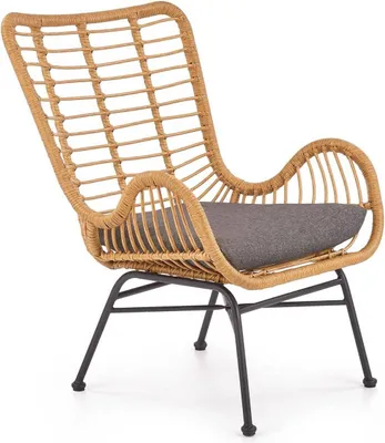 A single rattan armchair with a gray cushion on a white background.