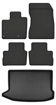 Image de Tapis en caoutchouc + bac de coffre pour Hyundai Kona I 2018- (SUV, coffre standard) – 5 pièces, noirs, sur mesure
