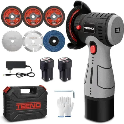 Produktbild von TEENO Akku-Winkelschleifer Bürstenlos 16,8V 76mm 19.500 U/min, 2 Akkus 800W Motor, LED-Display, 2x2000mAh Akkus, 6 Scheiben & Koffer. Schneiden.