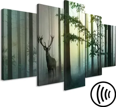 Image de Tableau acoustique Forêt Cerf 200 x 100 cm Tableaux Mousse acoustique Absorbeur acoustique haute performance Isolation acoustique Toile 5 pièces Tableau mural Acoustique intérieure Isolation acoustique Paysage Arbres c-C-0236-b-o
