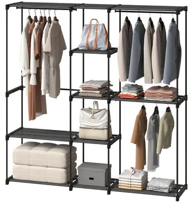 Produktbild von Kleiderschrank offen, 4 Stock Kleiderst?nder mit 2 H?ngef?chern fš¹r Wohnzimmer, 182 x 43 x 185 cm, Schwarz