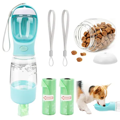 Hundetrinkflasche 400 ml + 150 ml mit Kotbeutelspender, blau