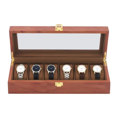 Produktbild von 6 Zellen Uhrenbox Gitter aus Holz und Samtstoff Vintage Uhrenschatulle Uhrenbox Geschenke Uhrenschachtel