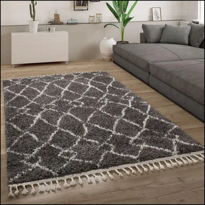 Produktbild von Hochflor Teppich Wohnzimmer Shaggy Skandinavisch Fransen Flauschig Modern Grösse 140x200 cm