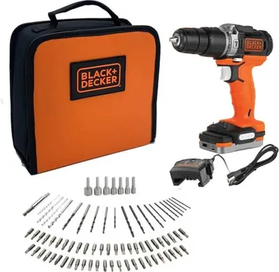 Image de Perceuse visseuse à percussion sans fil 12 V + 80 accessoires + 1 batterie 1,5 Ah + 1 sac de transport - BLACK+DECKER - BDCHD12S1A-QW
