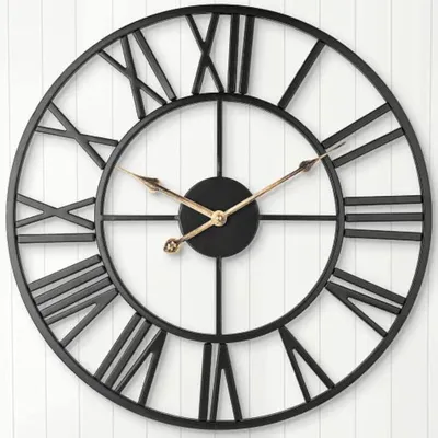 Stille Wanduhr, 60 cm, Vintage, römische Ziffern, Metall, Schwarz