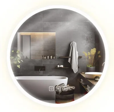 A modern bathroom with a bathtub, sink, and mirror.