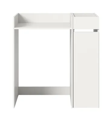 A white desk with a shelf and a cabinet.