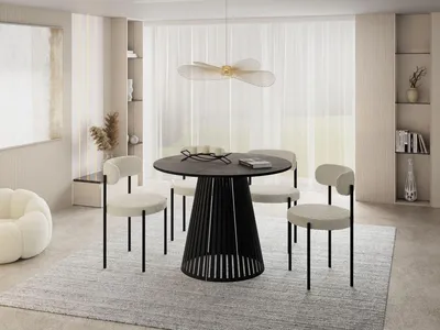 Produktbild von Esstisch Rund Ausziehbar mit Lamellen im Loft-Stil – 100 bis 180 cm – Industrieller Tisch mit Schwarzen Metallbeinen, Platzsparend für Wohnzimmer oder Esszimmer – Beton-Optik Dunkelgrau