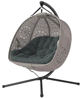 Produktbild von Eiförmige Hängeschaukel klappbar, Hängesessel mit Gestell für 2 Personen, Schaukelsessel Eiersessel, Sand-Schwarz  |  bis 240 kg  |  132x126x172 cm