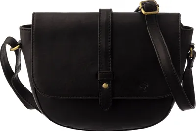 A black leather crossbody bag with a flap closure and a brass buckle.