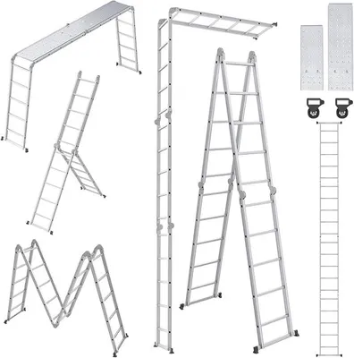 Imagen del producto de Escalera multifunción Silecomplaza de aluminio 4x5 con plataforma, 6 en 1. Escalera multifuncional de 550 cm, plegable, articulada, de aluminio, combinada, para múltiples usos, con capacidad de hasta 150 kg, color plateado