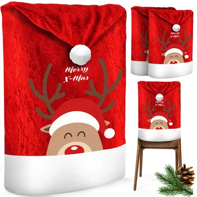 Produktbild von KESSER® Premium Weihnachtsstuhlüberzug Set Stuhlhussen für Weihnachten Nikolausmütze Stuhlbezug Husse Weihnachtsdeko für Stühle Überzieher, Rot / Weiß, 2 Stück - Rentier