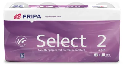 Produktbild von fripa Toilettenpapier Select, 2-lagig, hochweiß, aus Zellstoff, 250 Blatt/Rolle, 8 Rollen/Packung