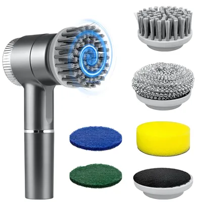 Image de Brosse de nettoyage électrique sans fil - 5 têtes de brosse interchangeables - 3 vitesses - En nylon - Pour salle de bain et sol