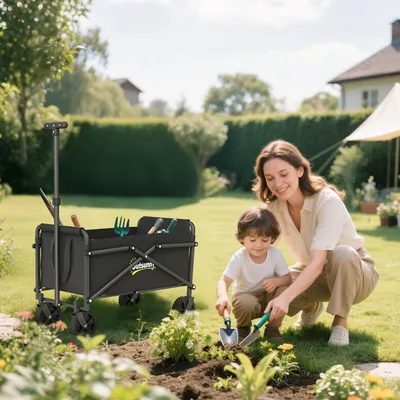 Produktbild von Bollerwagen faltbar, kompakter Strandwagen mit 360°-Universalrädern, Teleskopgriff, Metall, Oxford-Stoff, Schwarz | 64 x 40 x 84 cm | 41 L | bis 60 kg