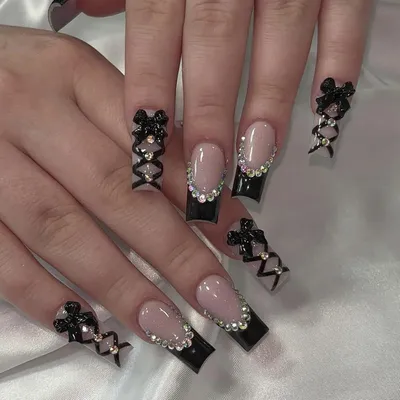 Produktbild von 24 Stück Lange Schwarze French Press on Nails mit Schleifen & Strass Design, Künstliche Acrylnägel zum Aufkleben für Damen