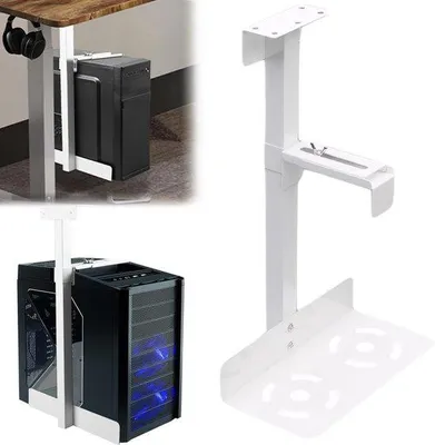 Immagine prodotto di Supporto regolabile per PC da tavolo, colore bianco, da montare sotto la scrivania – acciaio con smalto resistente al calore, altezza da 50 a 530 mm, larghezza da 135 a 235 mm, capacità fino a 25 kg